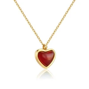 Damen Herz Anhänger mit Kette vergoldet 18k Edelstahl Achat Stein in Rot K6341DL - Picture 1 of 8