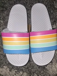 Vs pink Single Strap Logo slides new size Small 5/6 White Rainbow Striped Logo - Picture 1 of 3