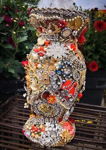 OOAK Collage Art Upcycled VTG Jewelry Rhinestone Heirloom Pillar Candleholder