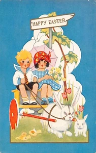 Easter Boy Girl Riding in Cart Pulled by Bunny Rabbit WHITNEY Art Deco - Picture 1 of 2