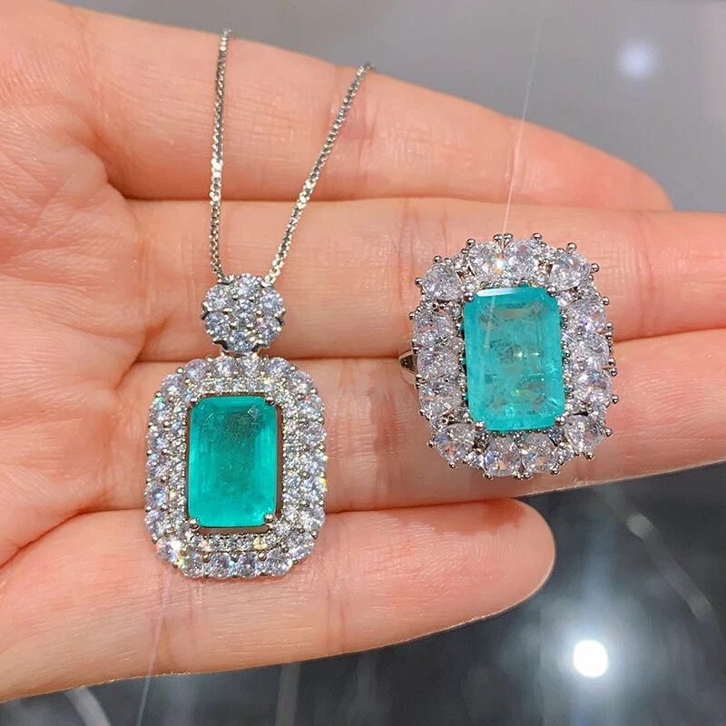New 2pc Women Jewelry Set Neon Blue Tourmaline Silver Necklace Pendants Rings - Image 1 of 4