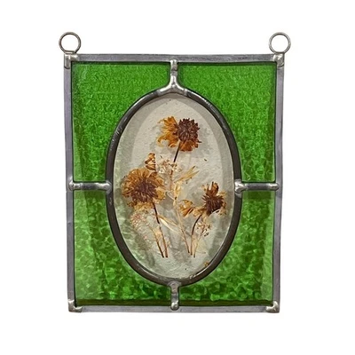 Panel de vitral de flores prensadas firmado por artista ovalado decoración cottagecore Foto 1 de 4