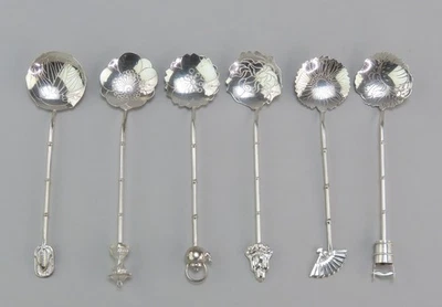 Juego fino de 6 cucharas de recuerdo temáticas tradicionales florales de plata esterlina japonesa de colección Foto 1 de 4