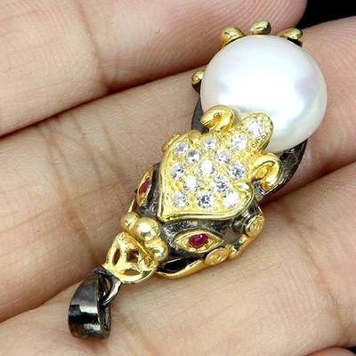 Colgante de plata de ley 925 redondo rubí mynmar perla pez piedras preciosas joyería Foto 1 de 4