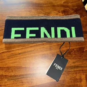 Authentic FENDI Headband FXS385 Unisex Navy Green 100% Wool Knit Logo - Picture 1 of 3