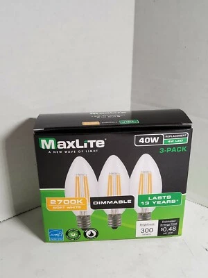 (3-Pack) LED Candelabra 40W Equivalent MaxLite Light Bulbs - Dimmable 300 Lumens - Image 1 of 4