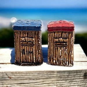 Vintage Outhouse Mini Salt and Pepper Shakers Hillbilly Him Her Blue Red - Picture 1 of 10