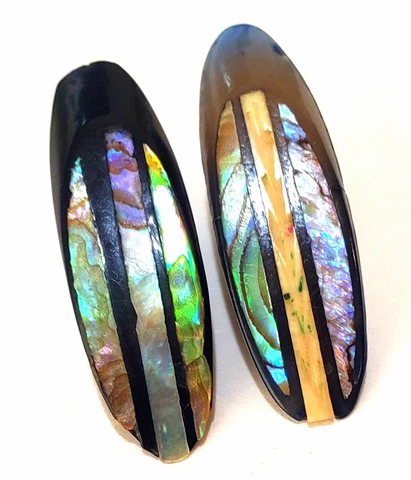 2 Antique Horn Buttons with Iridescent Abalone Insets…1&1/16" Cover