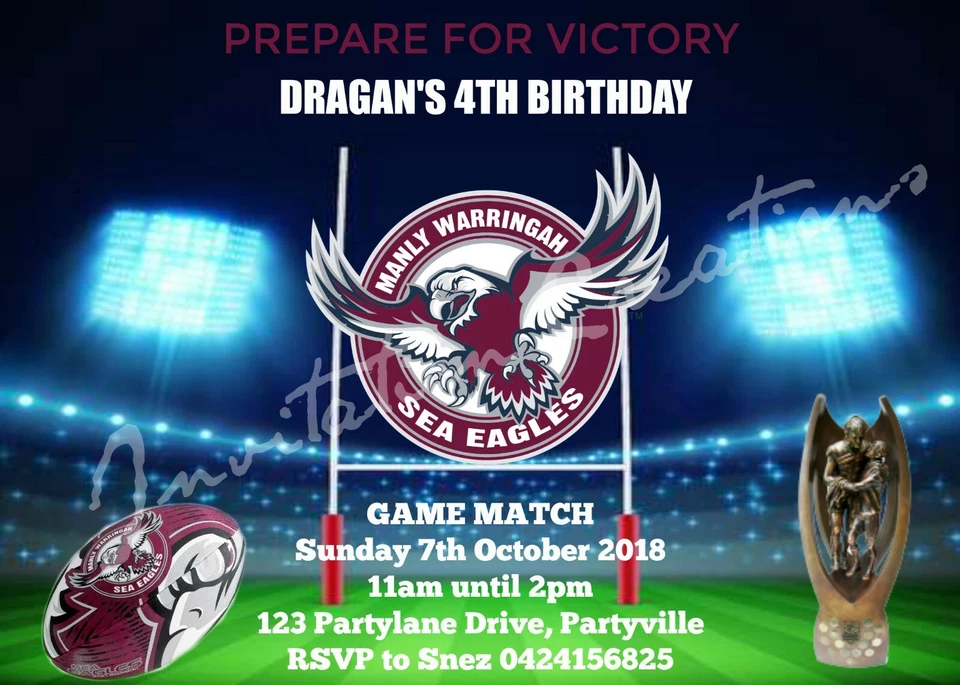 Hágalo usted mismo Impresión Personalizada NRL VARONIL SEA EAGLES CAMPO DE FÚTBOL Invitaciones de Fiesta de Cumpleaños Foto 1 de 1