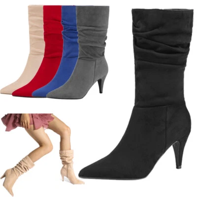 DREAM PAIRS Mujeres Punta Punta Media Pantorrilla Stiletto Tacón Alto Slouch Cremallera Botas Foto 1 de 4