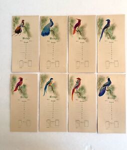 Bridge Tally Cards Set of 8 Handpainted Real Feathers Birds Vintage Rare