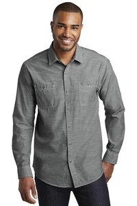 Port Authority W380 Men's 100% Cotton Slub Chambray Open Collar Pockets Shirt - Picture 1 of 5