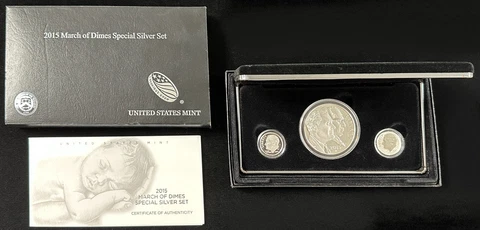2015 US MINT MARCH OF DIMES SPECIAL SILVER 3 COIN SET with OGP/COA Cover
