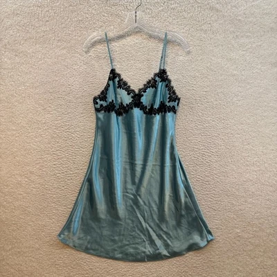 Y2K Vintage Slip Dress Medium Steel Blue Satin Lace Babydoll Chemise Lingerie - Image 1 of 4