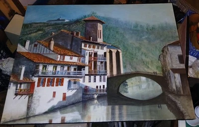 Très grand tableau HST St Jean Pied de port Pays Basque - Photo 1/4