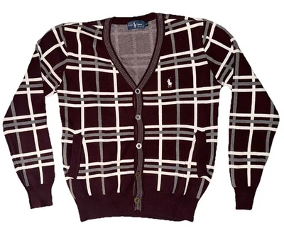 Ralph Lauren Polo Cardigan Men’s L Made in USA w/Burgundy Gray White Plaid VTG - Image 1 of 4