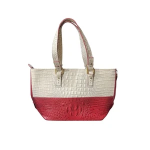 Brahmin Red Cream Croc Embossed Leather Tote Shoulder Bag Structured + Dustbag - Picture 1 of 12