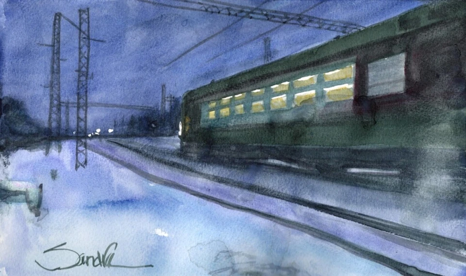 Cold Night Train :  Signed LE Art Print :  Sandra Watercolors™ California - Image 1 of 1