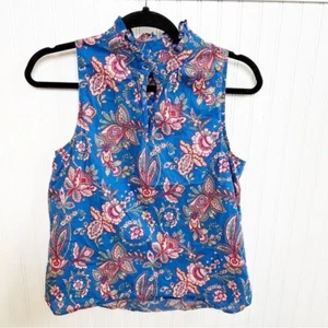 J. Crew X Liberty Fabric L1035 Blue Flora Belle Sleeveless High Ruffle Neck Top - Picture 1 of 6