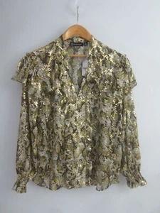 New York & Company Womens XL Green Gold Metallic Snake Print LS Ruffle Shirt NWT - Picture 1 of 12