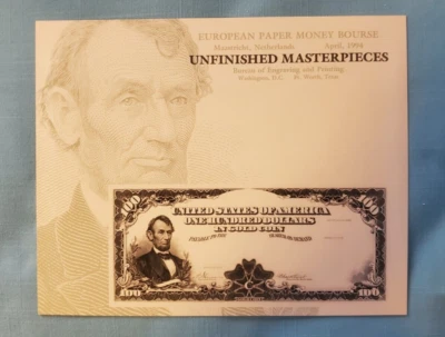 EUROPEAN PAPER $ BOURSE "UNFINISHED MASTERPIECES" $100 SOUVENIR CARD APRIL 1994 - Image 1 of 2