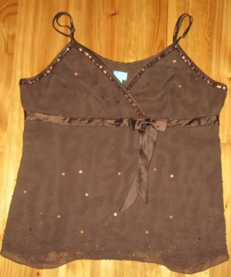 Ce Brown XL Beaded Silk Sleeveless Spaghetti Adj Straps Tank Top Cute NWT - Image 1 of 4