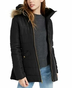 Celebrity Pink Juniors' Faux-Fur Trim Hooded Puffer Coat Black Size XS - Picture 1 of 1