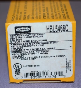 Hubbell HBL5466C Insulgrip Stecker gerade Klinge 20A 250V 2 polig 3 Draht -- Neu - Bild 1 von 7