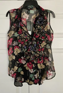 Lauren Ralph Lauren Sz 6 Black Floral Ruffle Blouse w/Detachable Tank NWT - Picture 1 of 9