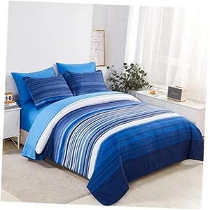 7 Piece Bed in a Bag Stripe Comforter Set King Size, White and Blue Patchwork - Picture 1 of 7