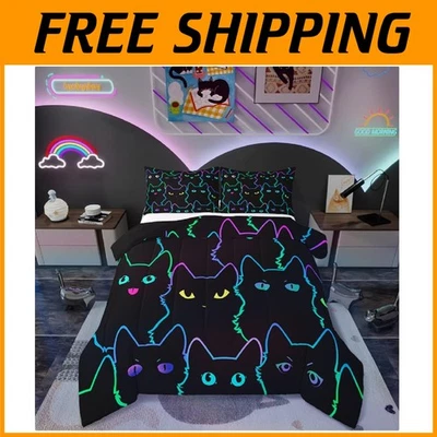 Lindo Edredón Gato Niños Neón Línea Arco Iris Gato Doble Foto 1 de 4