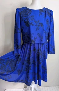 Vintage 80s Sheer Blue Floral Secretary Dress Modest Fit Flare Modest 6 S USA - Picture 1 of 14