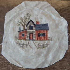 Homemade Embroidered Fabric FARM HOUSE  Ready for Hoop 9"  Cottagecore - Picture 1 of 3