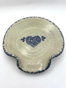 Handmade Art Pottery Blue Heart Ceramic Shallow Bowl Or Spoon Rest SIGNED - Picture 1 of 13