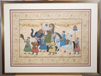 Antigua pintura de seda persa noble procesión sobre elefante enmarcada y mate excelente Foto 1 de 4