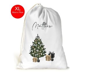 Personalised XL Christmas Sack Stocking Presents Boys Gift Bag Black Gold Tree 