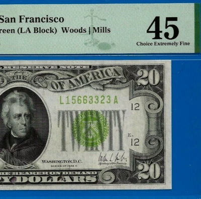 1928C $20 FRN San Francisco Light Green Seal - PMG 45 - Redeemable in Gold - Image 1 of 4