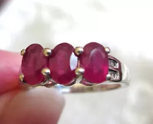 Niassa Ruby & Diamond Three-Stone Ring / size 6 / 925 Sterling Silver /2.3ct - Picture 1 of 5