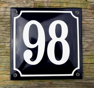 HOUSE NUMBER 98, FRENCH ENAMEL SIGN. WHITE No.98 ON A BLUE BACKGROUND. 16x16cm. - Picture 1 of 1