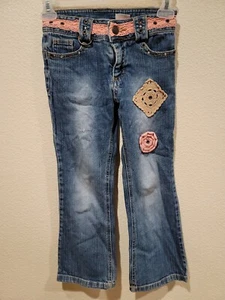 Retro Vintage Mary-Kate & Ashley Boot Cut Flower Embroidered Jeans Girls Size 7 - Picture 1 of 10