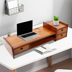 Sturdy Bamboo Wood Monitor Stand Riser w/ Drawer - Desk Storage Organizer - Picture 1 of 10
