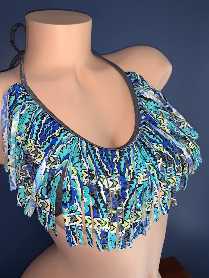 Raisins Bikini Swim Top Womens L Fringe Triangle String gray Blue M780579 Fun - Image 1 of 4