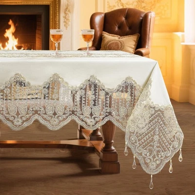 Premium Embroidery Tablecloth, White Lace & Satin Blend, Floral Boho Design, ... - Image 1 of 4