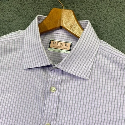 Thomas Pink Mens Dress Shirt 17.5/37 French Cuff Purple Check Cotton - Image 1 of 4