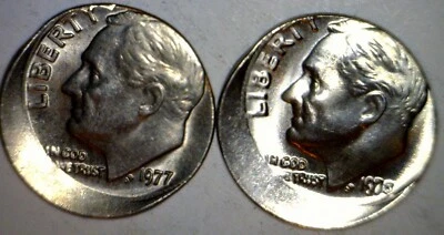 1977 & 1978 OFF CENTER ERROR Roosevelt Dime NICE EARLY O/C BU ++ 2 Coin LOT  NR - Image 1 of 2