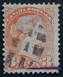 Undated Canada 3c Orange-Red QV stamp with pen and cork cancels.   - Picture 1 of 2