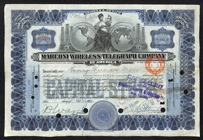 Telégrafo Inalámbrico Marconi 1913 Certificado de Stock "Henry Miller Moss" (¿Artista?) Foto 1 de 2