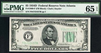 $5 1934D Atlanta FRN. 1960-D. PMG 65 EPQ. Scarce GEM Note - Image 1 of 2