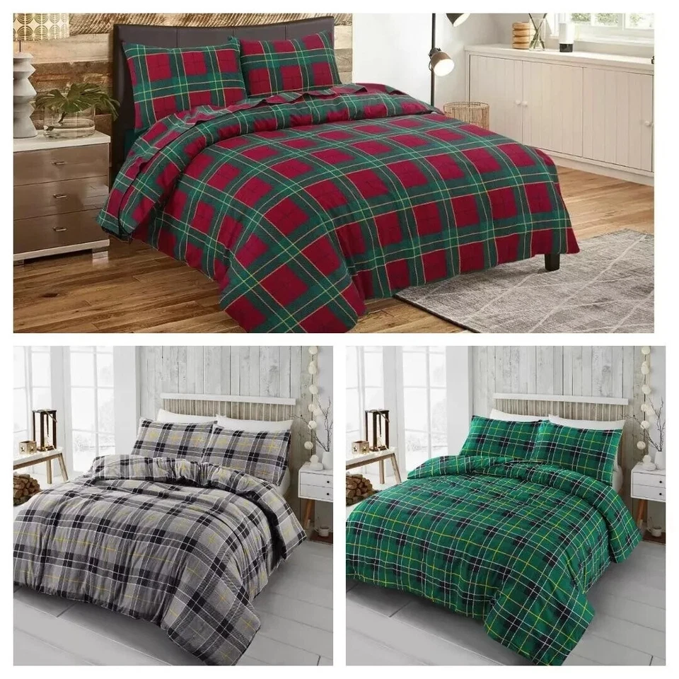 100% Brushed Cotton Tartan Checked Warm Cosy Flannelette Duvet Cover Therm Set - Image 1 of 1