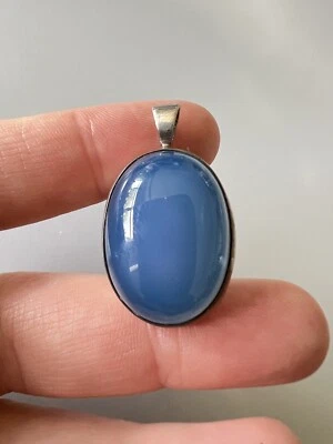 Rare Antique Minimalist Sterling Silver Blue Chalcedony Statement Pendant 1.25" - Image 1 of 4